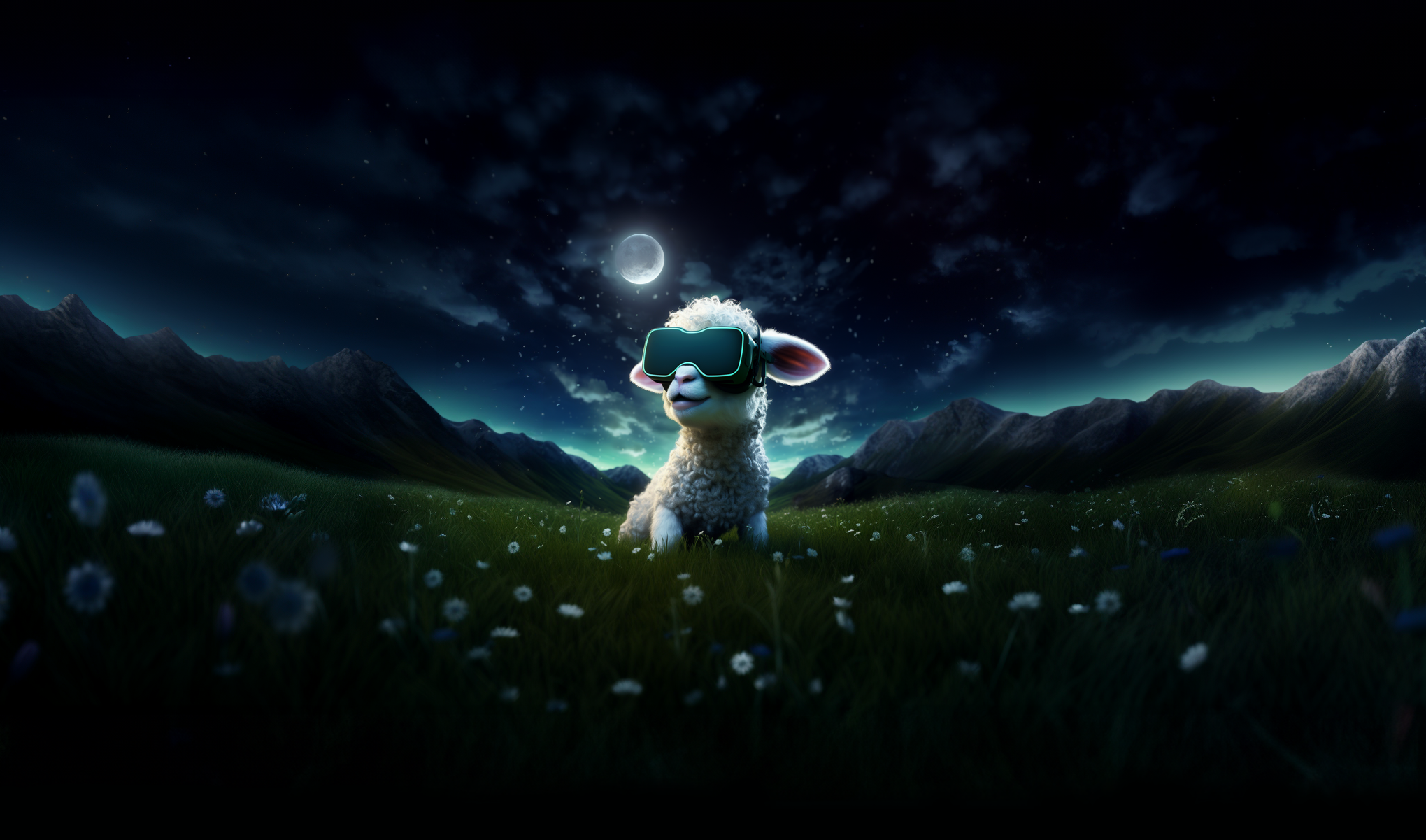 Small cartoon lamb with virtual reality headset